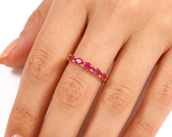 14K Solid Gold Ruby Ring, 5 Stone Ruby Band, July Birthstone Ring, Dainty Stacking Ring, Minimalist Gold Ring for Women, Birthday Gifts