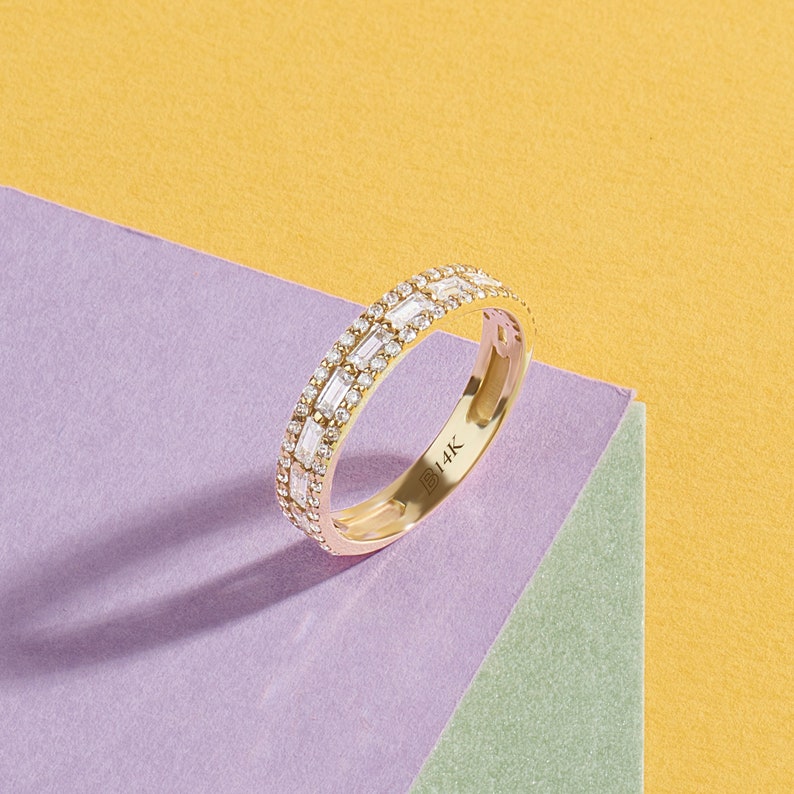 14k Baguette Eternity Ring, Solid Gold Wedding Band for Women, Pave Diamond Cz Ring, Unique Gold Band, Dainty Stackable Ring, Handmade Rings image 2