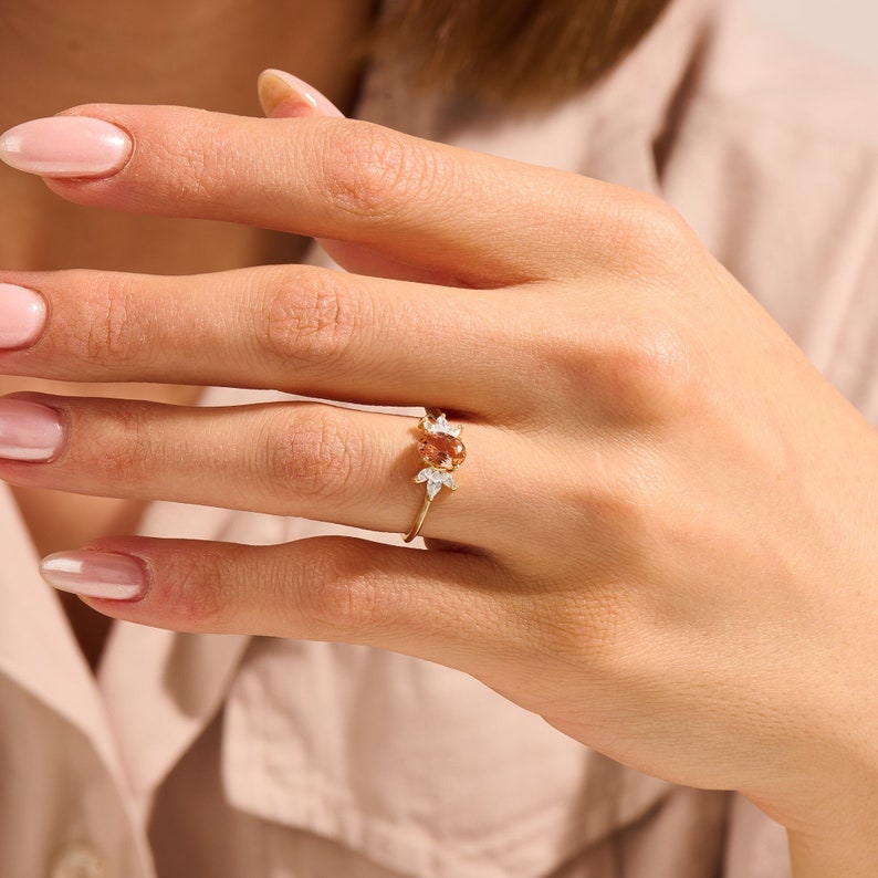 14k Gold Padparadscha Sapphire Ring, Solid Gold Floral Engagement Ring, Oval Solitaire Ring, Women Lotus Flower Ring, Dainty Statement Ring image 1