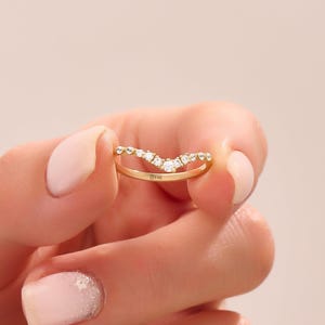 14K Solid Gold Pave Chevron Wishbone Wedding Band, Curved Contour Enhancer Ring Jewelry, Bridal Gift for Women