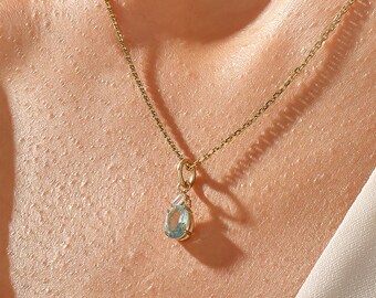 14k Solid Gold Aquamarine Oval Pendant 