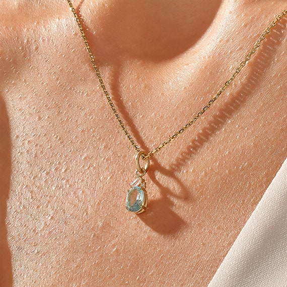 14k Solid Gold Aquamarine Oval Pendant 
