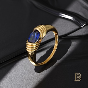 Bold 14k Solid Gold Sapphire Signet Ring for Women – Oval East West Pinky Ring in Half Bezel Setting, Minimal Dome Statement Gift Jewelry