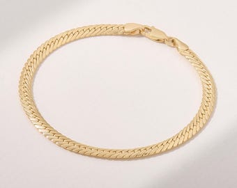 14K Solid Gold Herringbone Bracelet, Italian Snake Chain, Minimal Layering Jewelry, Sleek Flat Chains, Everyday Gold Gift, Wife Anniversary