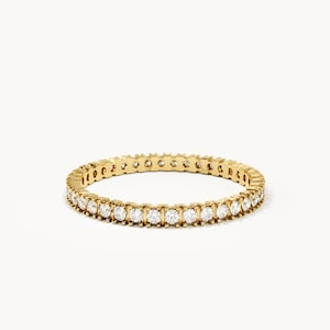 14K massief gouden eeuwigheidsring, moissanite trouwring voor dames, verfijnde diamanten stapelring, dunne micro-pavé ring, jubileumcadeau