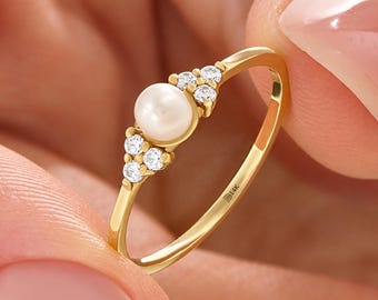 14k Solid Gold Pearl Engagement Ring, Vintage Three Stone Cluster Band, Antique June Birthstone Jewelry, Unique Bridal Proposal Ring