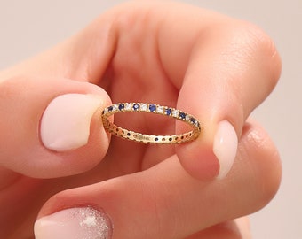 Solid Gold Sapphire Wedding Band, 14k Gold Eternity Ring for Women, Thin Stacking Ring, Blue Gemstone Ring, Minimalist Diamond Sapphire Ring