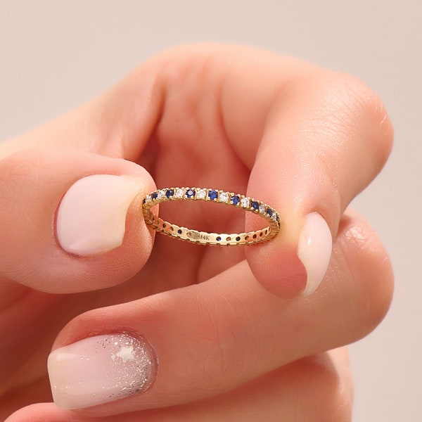 Solid Gold Sapphire Wedding Band, 14k Gold Eternity Ring for Women, Thin Stacking Ring, Blue Gemstone Ring, Minimalist Diamond Sapphire Ring