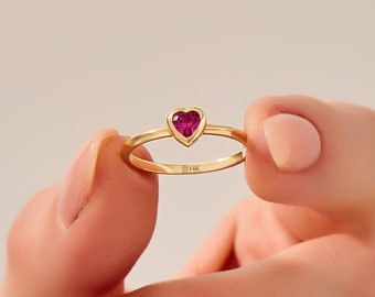 14k Gold Tiny Heart Ring, Solid Gold Ruby Promise Ring, Dainty Heart Ring, Bezel Ruby Gemstone Pinky Ring, Delicate Birthstone Ring