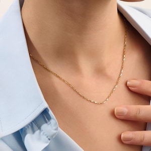 14k Solid Gold Rectangle Chain Necklace for Women, Dainty Choker Necklace, Real 14 Karat Minimalist Stacking Jewelry Gift for Her Everyday