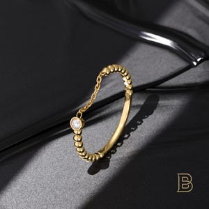 14k Gold Stackable Ring for Women, Chain Ring Solid Gold, Dangle Ring, Dainty Open Ring, Unique Stacking Ring Gift, Handmade Jewelry