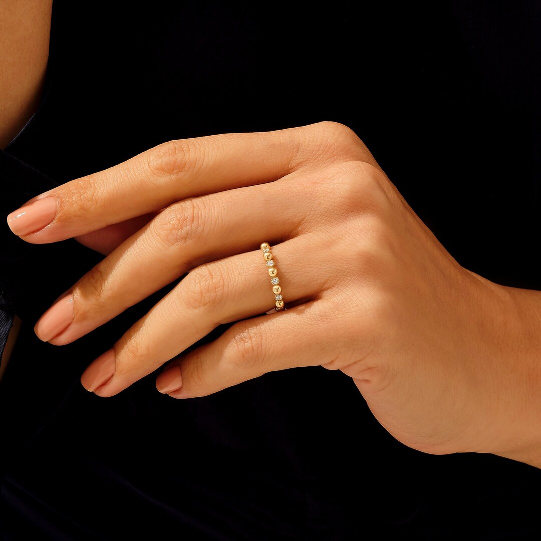 Solid Gold Beaded Ring, 14k Gold Dainty Wedding Ring for Women, Eternity Bubble Ring, Half