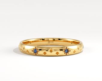 Sapphire Wedding Band 14K Solid Gold, Celestial Star Eternity Ring, Dainty Stackable Band for Women, Anniversary Gift for Wife