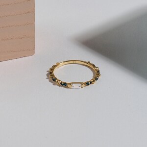 Baguette Blue Sapphire Ring 14k Solid Gold Dainty Stackable Band Multi Stone Ring Women image 5