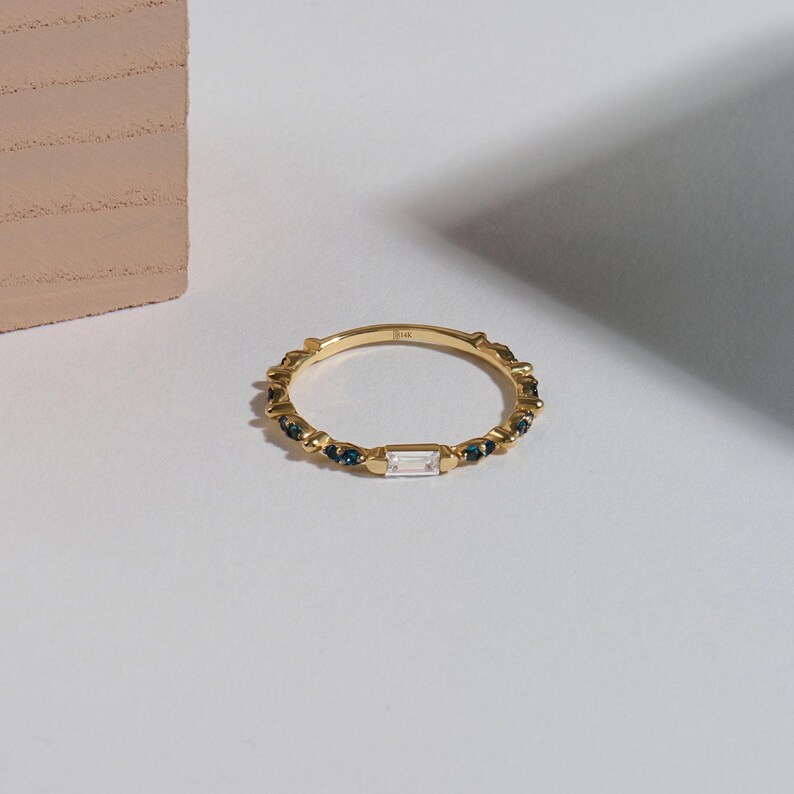 Baguette Blue Sapphire Ring 14k Solid Gold Dainty Stackable Band Multi Stone Ring Women image 5