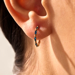 14k Solid Gold Sapphire Hoop Earrings for Women – Unique Dainty Gold Hoops with Blue Gemstone, Minimalist Luxury Jewelry Gift for Her