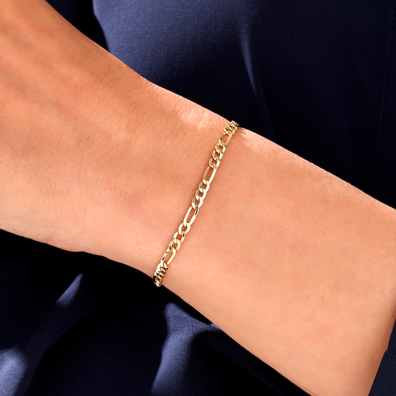 Solid Gold Figaro Chain Bracelet, Mens Womens Chain Bracelet, 14k Real Gold Chain, Minimalist Link Chain Bracelet, Dainty Stacking Bracelet image 1