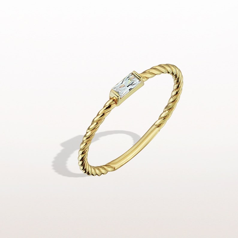 14k Solid Gold Twined Baguette Ring Minimalist Ring Stackable Ring Simple Ring Thin Ring Chic Gold Ring Gift for Her Designer Ring