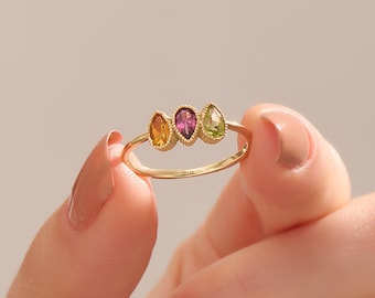 14k Solid Gold Family Birthstone Ring for Mom with Kids Birthstone Pear Shaped Ring Personalized Jewelry Ring Gift for Wife Birthday Gifts