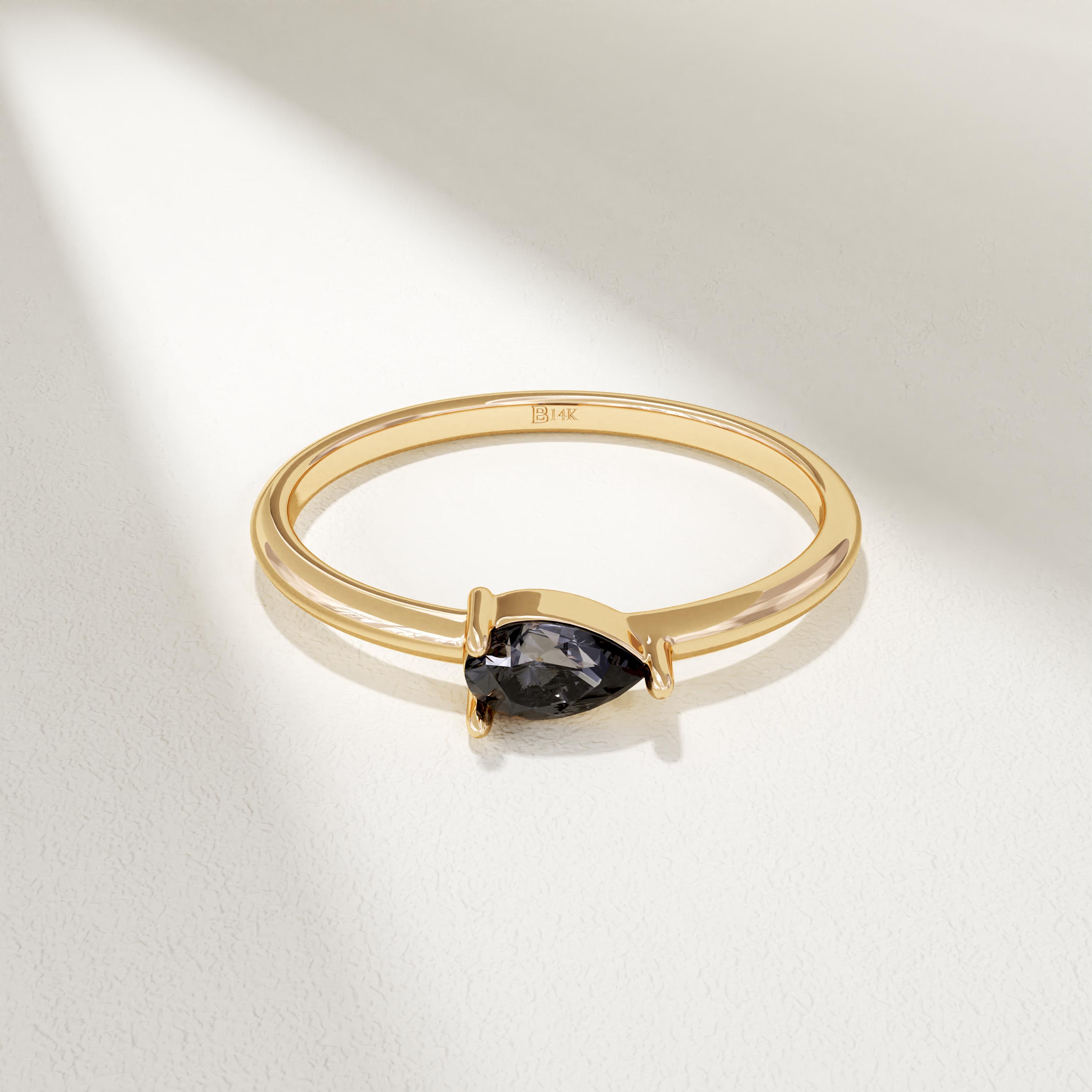 14k Solid Gold Pear Black Diamond Engagement Ring, East West Solitaire Ring for Women, Unique Black Stone Promise Jewelry