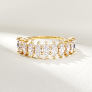 Marquise Half Eternity Wedding Band – 14K Solid Gold Dainty Gold Ring for Women, Unique Bridal Band,Minimalist Anniversary Fine Jewelry Gift