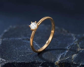 14K Solid Gold Solitaire Engagement Ring, Diamond Single Stone Ring, Minimalist Promise Ring, Dainty Wedding Ring, Anniversary Gift Her