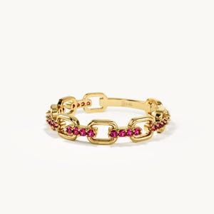 Ruby Chain Ring 14K Solid Gold, Dainty Link Stacking Ring, Minimalist July Birthstone Band, Elegant Pink Gemstone Ring, Gift for Her
