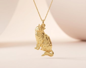 14K Solid Gold Cat Necklace, Detailed Long Haired Cat Pendant, Dainty Kitty Charm, Persian or Maine Coon Cat Jewelry, Gift for Cat Lovers