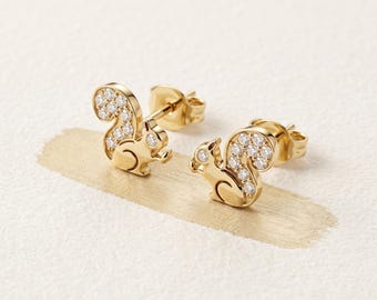 14K Gold Squirrel Stud Earrings | Tiny CZ Pave Animal Studs, Woodland Squirrel Lover Gift