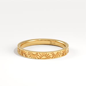 Anillo de bodas de oro macizo de 14 quilates con grabado de sol, delicado anillo de eternidad para mujer.