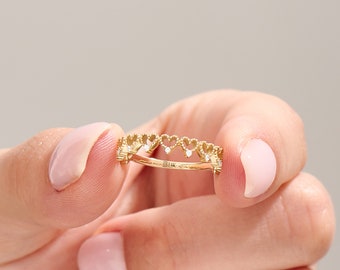 14k Gold Eternity Heart Ring, Solid Gold Milgrain Wedding Band Ring, Tiny Cubic Zirconia Rings for Women, Handmade Unique Cute Marriage Ring