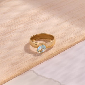Oval Aquamarine Thick Band Ring, 14k Solid Gold Blue Engagement Rings for Women, Unique Statement Ring,Wide Aquamarine Ring,Dainty Gold Ring image 8