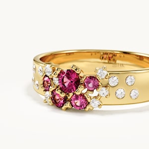 14k Solid Gold Ruby Wedding Band, 4.5mm Thick Comfort Fit Ring, Ruby Cluster Band Women, Heavy Gold Statement Jewelry, July Birthstone Gift