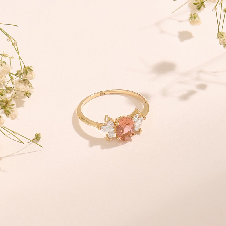 14k Gold Padparadscha Sapphire Ring, Solid Gold Floral Engagement Ring, Oval Solitaire Ring, Women Lotus Flower Ring, Dainty Statement Ring image 2