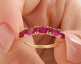 Bague rubis en or massif 14 carats, anneau de rubis 5 pierres, bague de naissance de juillet, bague à superposer délicate, bague en or minimaliste pour femme, cadeaux d'anniversaire