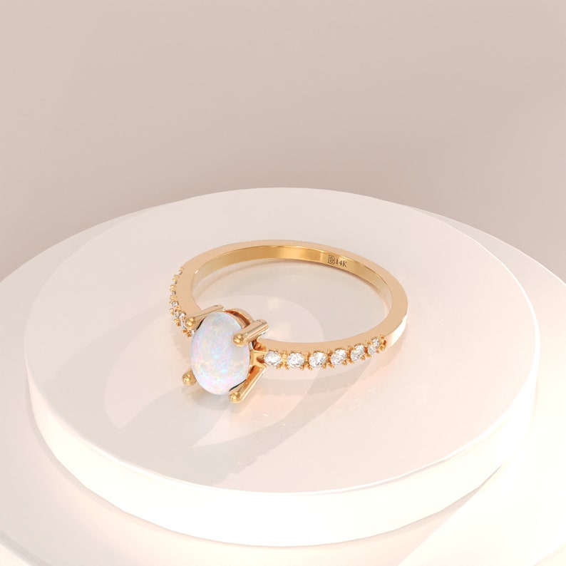 Solid Gold Oval Opal Ring, 14k Real Gold Opal Engagement Ring for Women, White Opal Birthstone Ring, Natural Opal Ring, Opal Jewelry Rings image 5