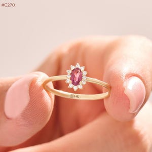 14K Solid Gold Red Gemstone Halo Ring | Diamond Pinky Ring for Women | Dainty Minimalist Gold Ring Gift for Her