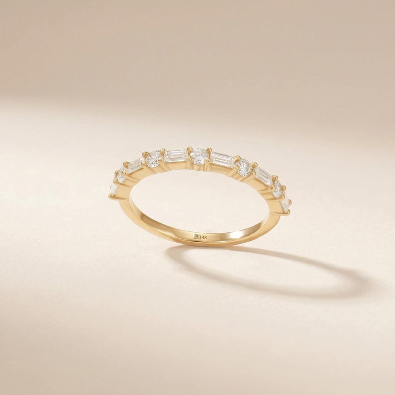 14K Solid Gold Baguette Wedding Band Half Eternity Ring Stackable ...