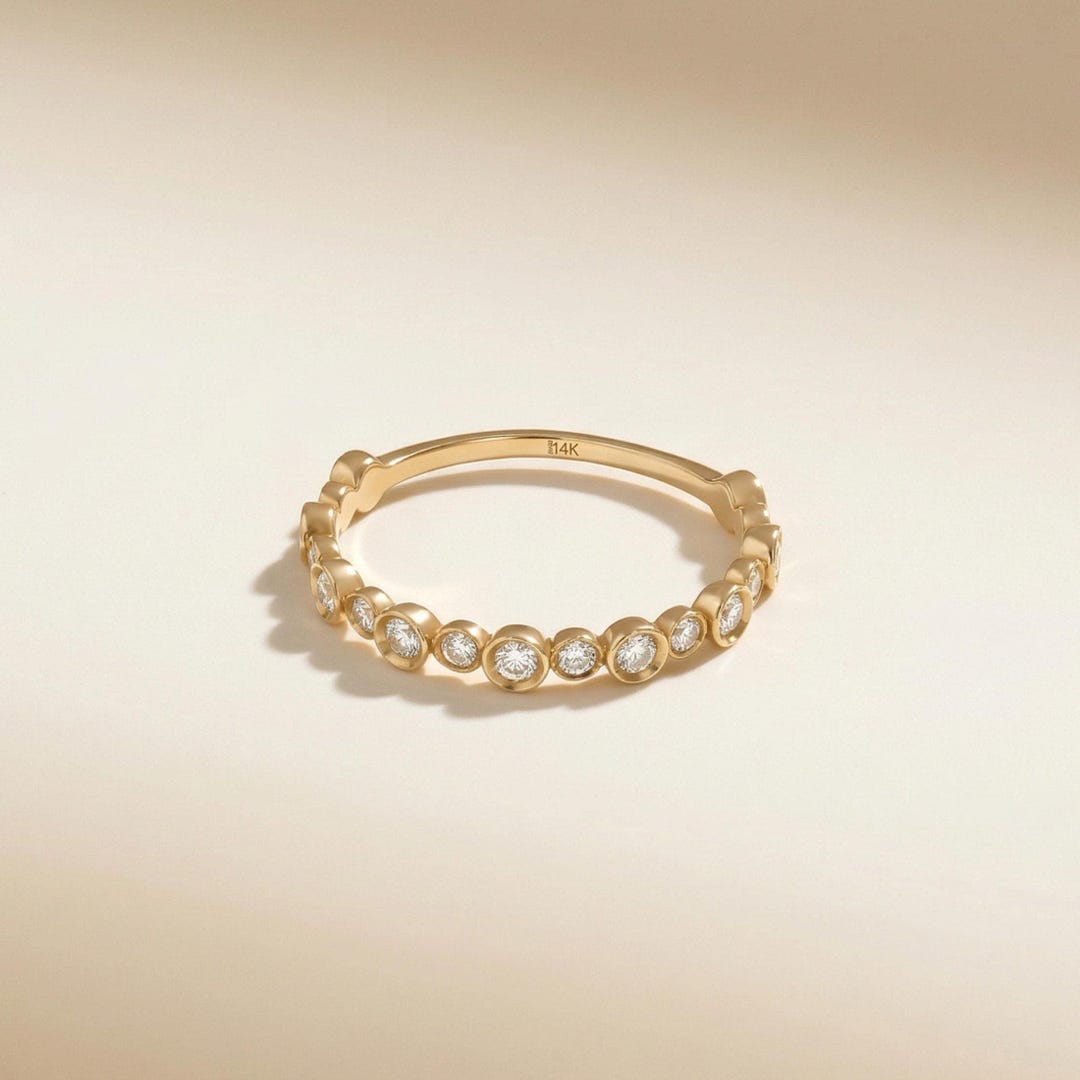 14K Solid Gold Diamond Stacking Ring, Dainty Bezel Half Eternity Band ...
