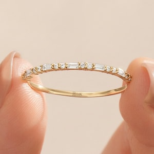 Baguette Wedding Band, Dainty Half Eternity Ring, 14K Solid Gold & White Gold Stackable Diamond Band, Art Deco Bridal Ring