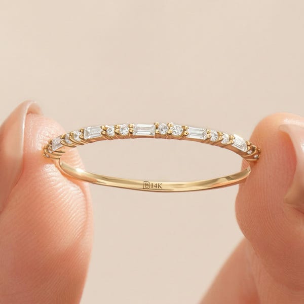 14K Solid Gold Baguette Wedding Band, Half Eternity Stacking Ring, Thin Minimalist Stackable Jewelry, Gift