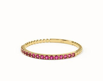 Rubin-Stapelring, 14-karätiger Goldring, Rubin-Pavé-Ring, Stapelbarer Rubinring, Minimalistischer Ring, Rubin-Ehering, Schmaler Rubinring für Damen