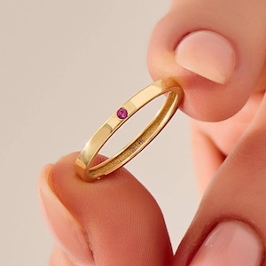Flush Set Ruby Ring for Women, 10K Solid Gold Thin Stacking Band 40th Anniversary Gift for Her