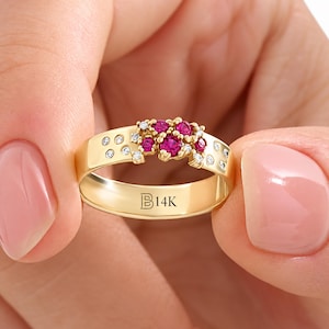 14k Solid Gold Ruby Wedding Band, 4.5mm Thick Comfort Fit Ring, Ruby Cluster Band Women, Heavy Gold Statement Jewelry, July Birthstone Gift