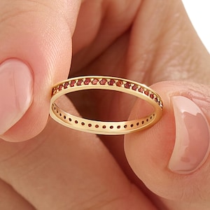 14k Solid Gold Garnet Eternity Ring – Red Channel Set Birthstone Wedding Band, 2mm Thin Stackable Handmade Daily Ring for Women