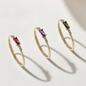 14k Solid Gold Birthstone Ring for Women, Custom Baguette Stackable Band, Personalized Dainty Mother’s Ring, Handmade Jewelry Gift for Her