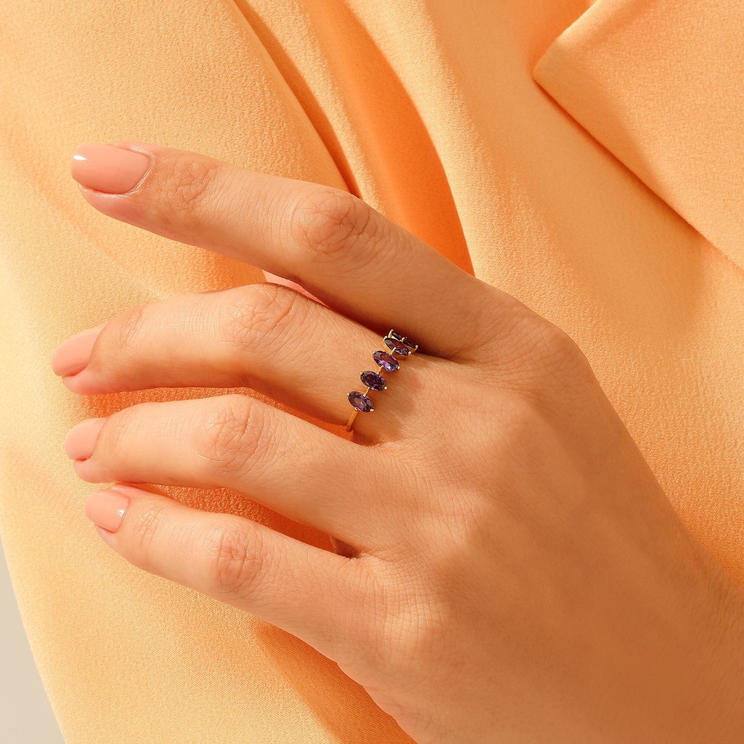 14k Amethyst Ring, Solid Gold 5 Stone Oval Stackable Ring, Crystal
