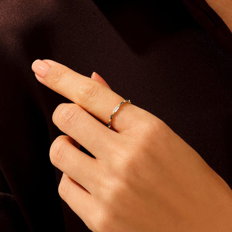Baguette Blue Sapphire Ring 14k Solid Gold Dainty Stackable Band Multi Stone Ring Women image 4