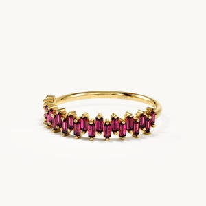 14K Solid Gold Baguette Ruby Ring, Half Eternity Wedding Band, Dainty Minimalist Stackable Ring, Gift for Women