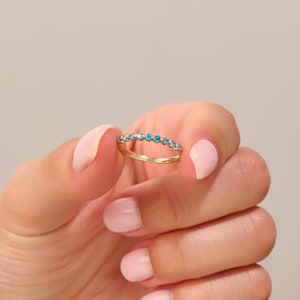Stunning Aquamarine Wedding Ring, 14k Gold Blue Gemstone Stacking Ring,Mothers March Birthstone Ring,Slim Half Eternity Band Rings for Women image 1